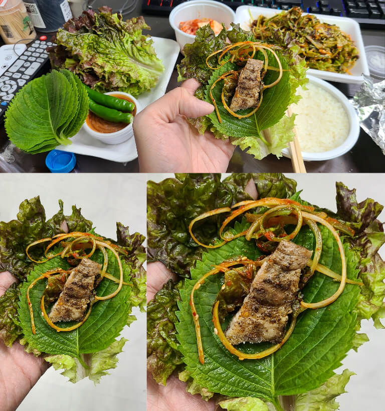 A photo of a wrap with 1 perilla leaf and 1 piece of lettuce